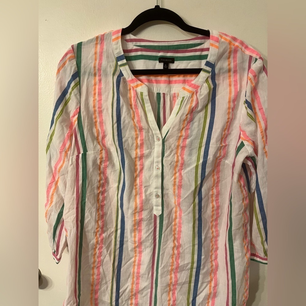 Talbots Xl Rainbow Stripe Tunic Top Button Front … - image 3